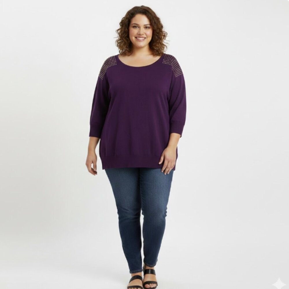 Cable & Gauge Sweater size 3X Purple Round Neck Soft Light Knit Embellished